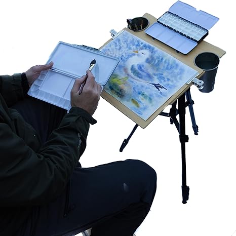 Portable Watercolor Easel Set - Plein Air Painting & Drawing Easel with Wet Panel Carrier, Tripod, Stool, Shoulder Bag, 100% Cotton Sketchbook, Board, 9 Clips, 2 Palettes