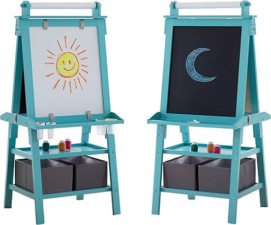 Little Partners Learn 'N Play 2-Sided Art Easel for Painting, Magnetic Dry Erase & Chalkboard, Kids Art Supplies, Toddler Arts & Crafts (Turquoise)