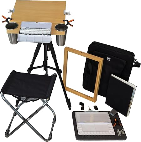 Portable Watercolor Easel Set - Plein Air Painting & Drawing Easel with Wet Panel Carrier, Tripod, Stool, Shoulder Bag, 100% Cotton Sketchbook, Board, 9 Clips, 2 Palettes