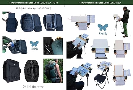 Portable Watercolor Easel Set - Plein Air Painting & Drawing Easel with Wet Panel Carrier, Tripod, Stool, Shoulder Bag, 100% Cotton Sketchbook, Board, 9 Clips, 2 Palettes