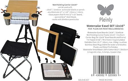Portable Watercolor Easel Set - Plein Air Painting & Drawing Easel with Wet Panel Carrier, Tripod, Stool, Shoulder Bag, 100% Cotton Sketchbook, Board, 9 Clips, 2 Palettes